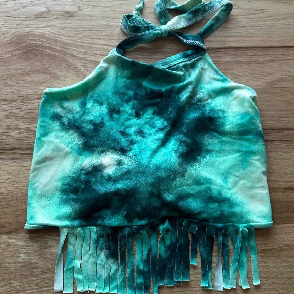 Handmade- Tie-Dye Halter Top with Fringe and Open Tie Back